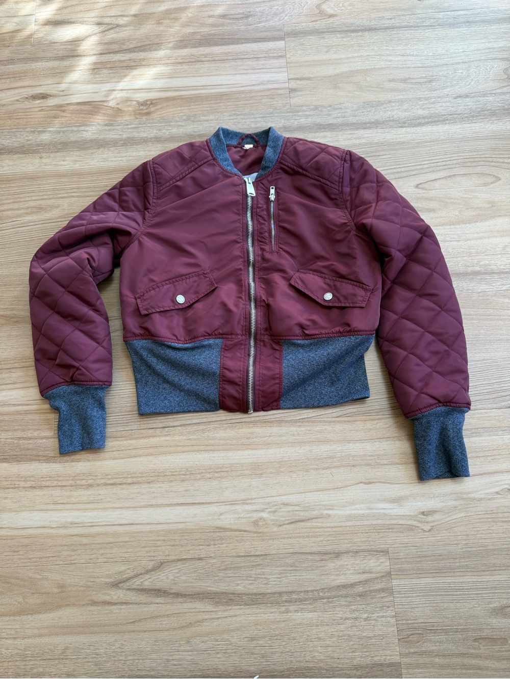 Free People Quilted Bomber Jacket in Burgundy Gray Trim Medium